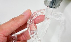 closeup of a hand rinsing Invisalign aligners
